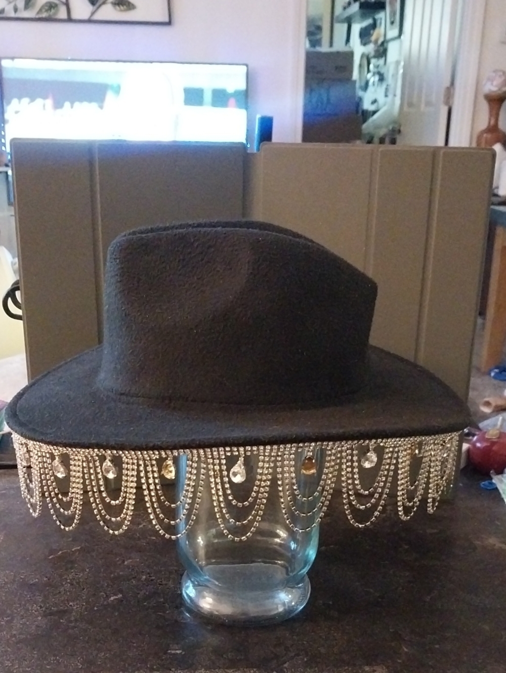 Black Fedora Hat with Gold Crystal Fringe Trim